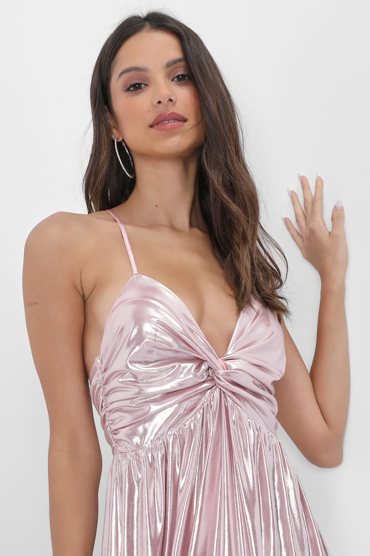 Fabulous Finesse Light Pink Metallic Twist-Front Maxi Dress