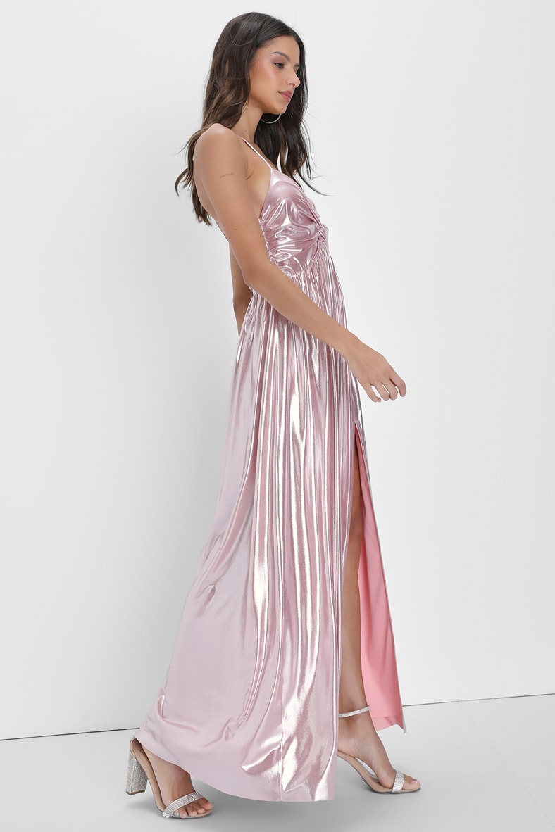 Fabulous Finesse Light Pink Metallic Twist-Front Maxi Dress