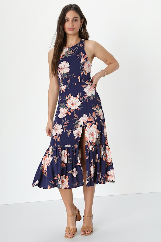 Navy Blue Floral Print - Tie-Back Dress - Tiered Midi Dress - Lulus