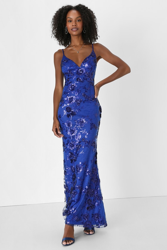 Blue Sequin Strapless Lace-Up Mermaid Long Prom Dress with Slit –  Dreamdressy