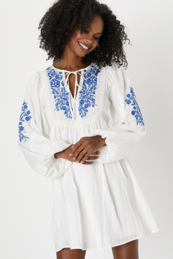 Lulus Bohemian Vibe White And Blue Long Puff Sleeve Shift Mini Dress