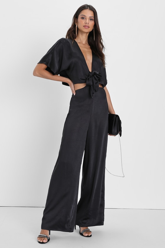 Lulus Flirt For Fun Black Tie-front Two-piece Wide-leg Jumpsuit