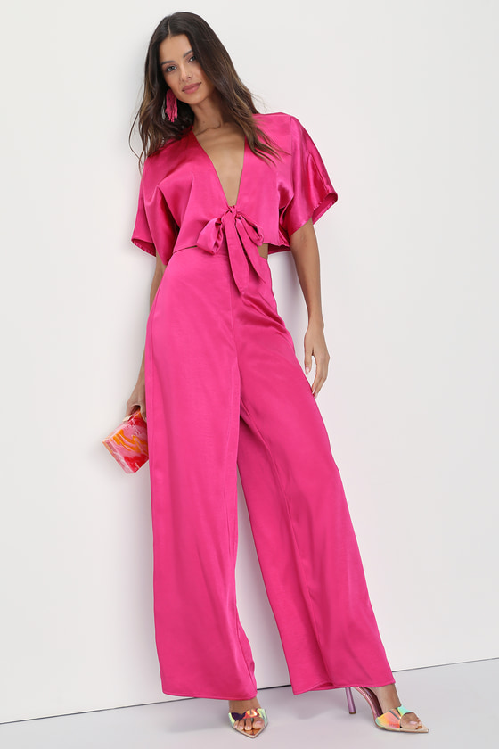 Lulus Flirt For Fun Fuchsia Tie-front Two-piece Wide-leg Jumpsuit