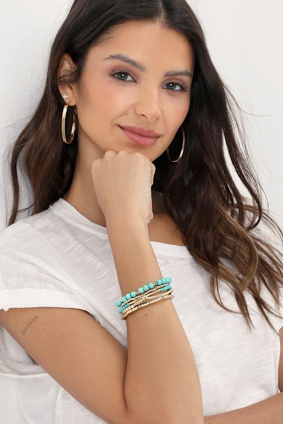 Gold and Turquoise Bracelet 5PC Bracelet Set Beaded Bracelets Lulus