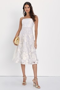 Glamour Garden White 3D Floral Embroidered Midi Dress
