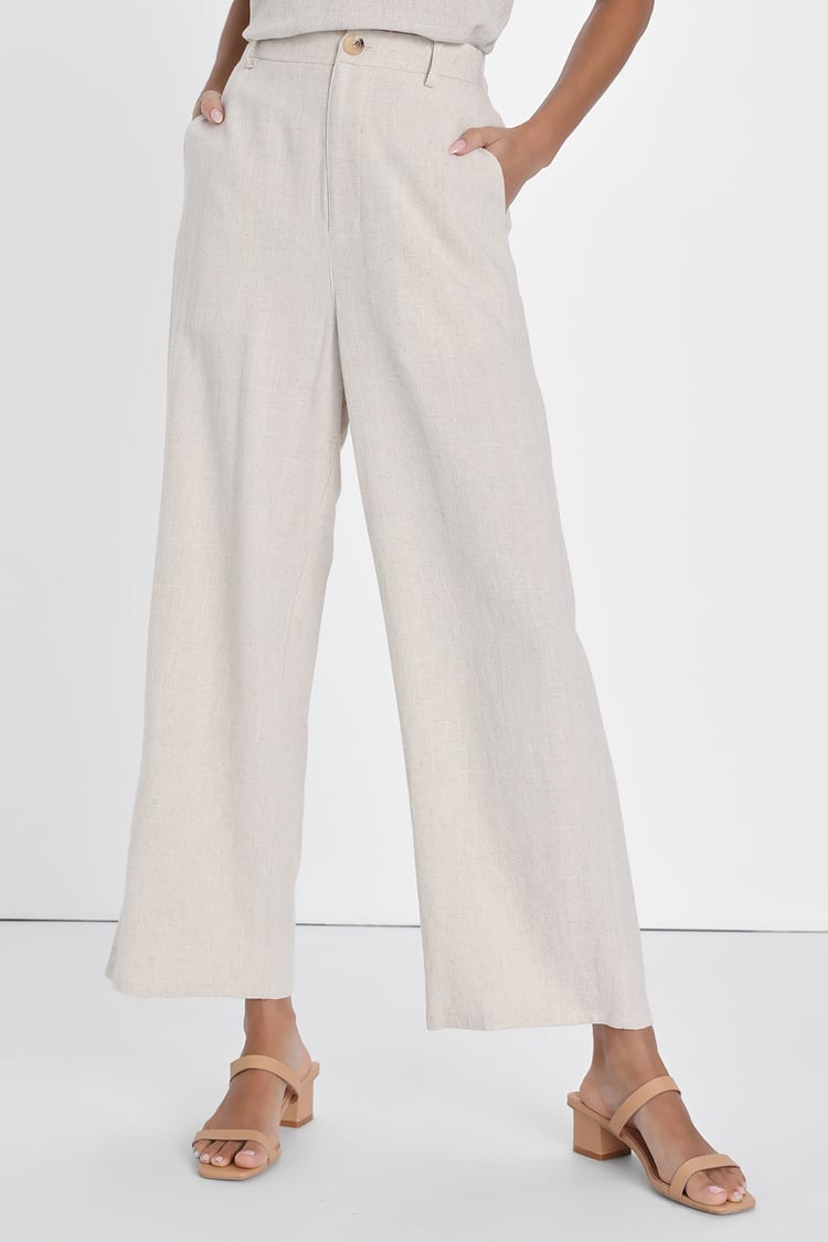 Stylish Ease Beige Linen High-Rise Wide-Leg Trouser Pants
