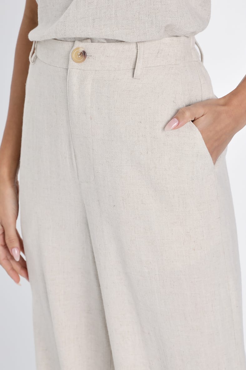 Stylish Ease Beige Linen High-Rise Wide-Leg Trouser Pants