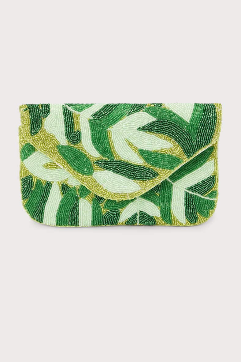 Tropical Subject Green Leaf Beaded Clutch