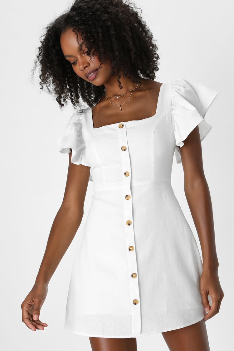 Adorable Angel White Button-Front Short Sleeve Linen Mini Dress