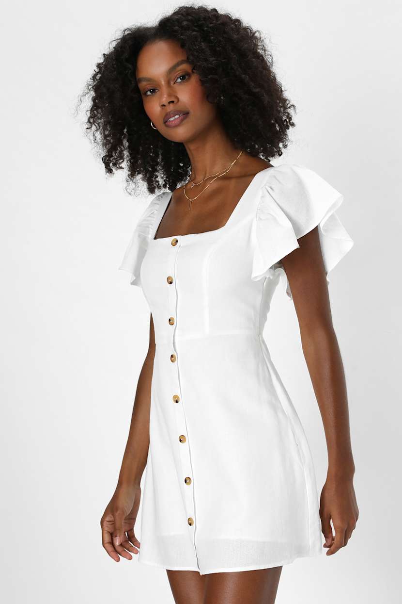 White Mini Dress - Flutter Sleeve Dress - Button-Front Dress - Lulus