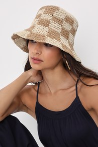Sunshine Check Beige and Tan Checkered Straw Bucket Hat