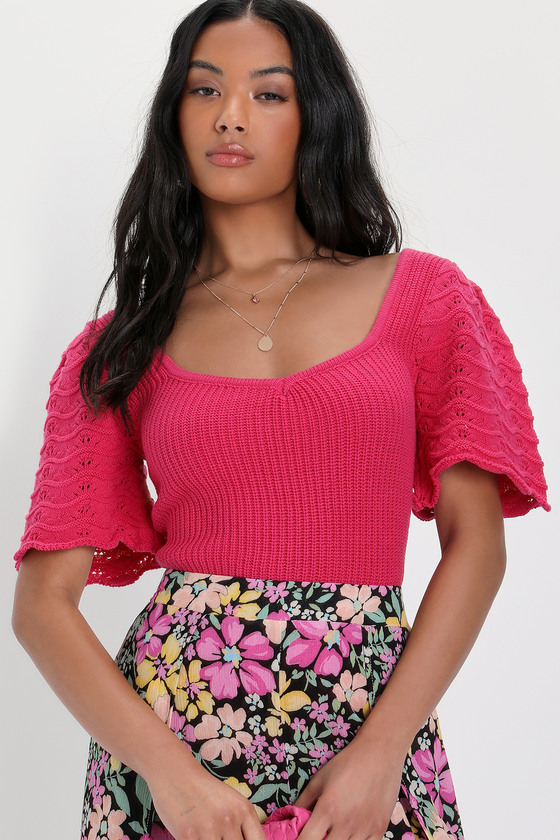 Lulus Poised And Precious Fuchsia Short Sleeve Sweater Knit Top