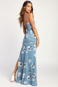 Feeling Elegant Slate Blue Floral Print Lace-Up Slit Maxi Dress