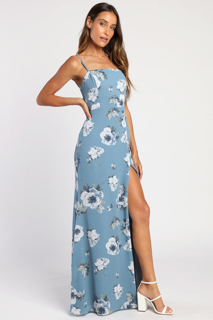 Feeling Elegant Slate Blue Floral Print Lace-Up Slit Maxi Dress
