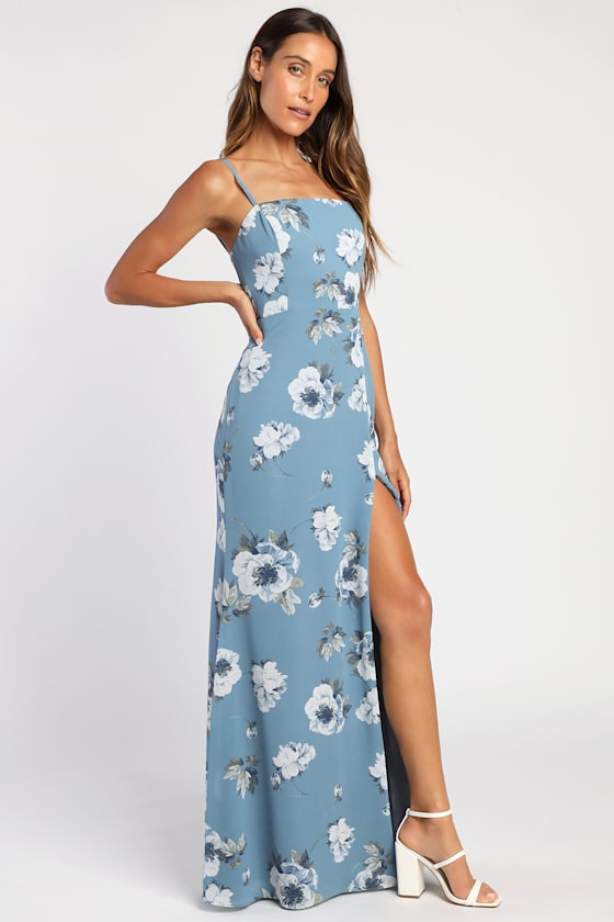 Feeling Elegant Slate Blue Floral Print Lace-Up Slit Maxi Dress