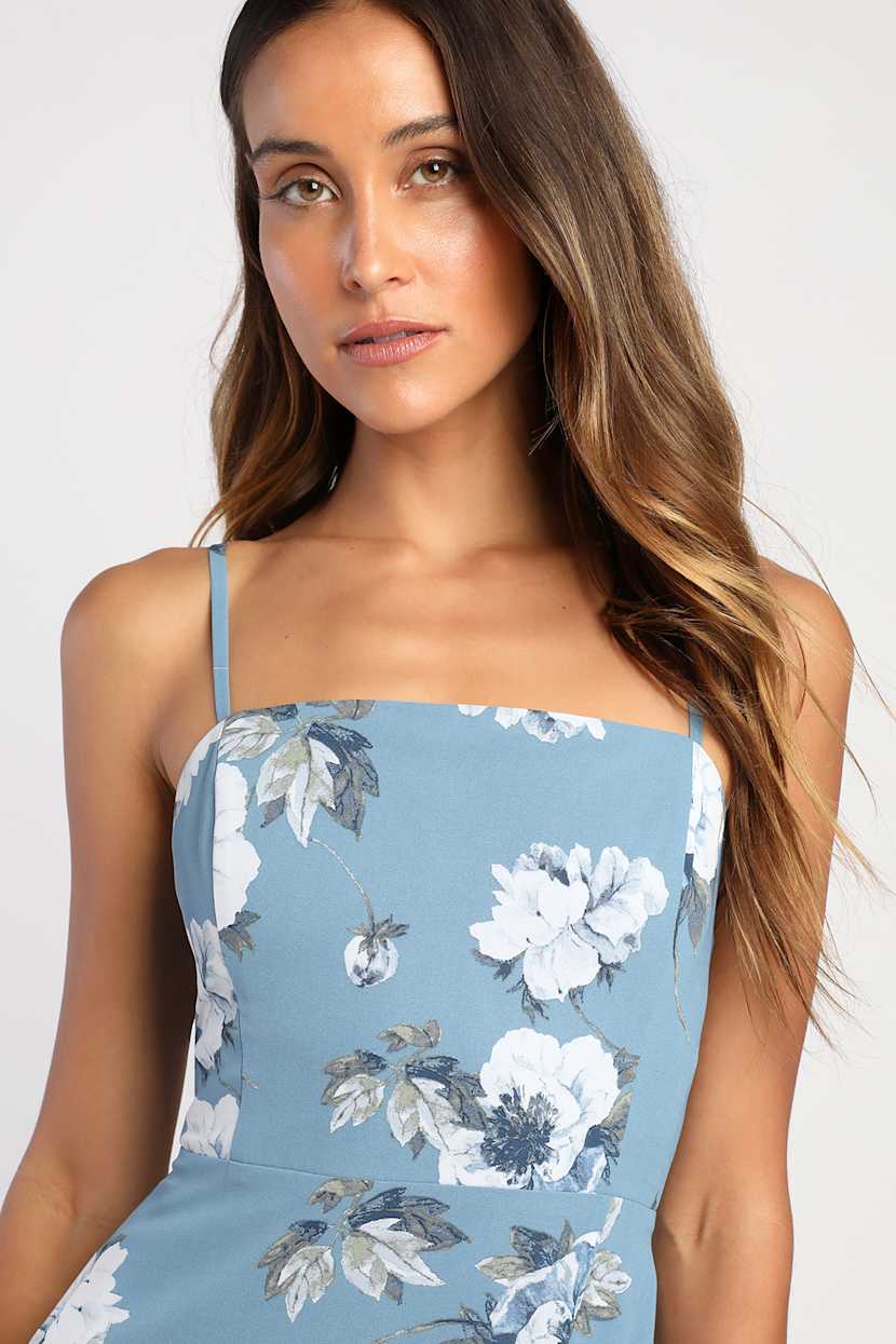Feeling Elegant Slate Blue Floral Print Lace-Up Slit Maxi Dress
