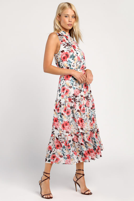 Tiered White Dress - Floral Print Dress - Sleeveless Midi Dress - Lulus