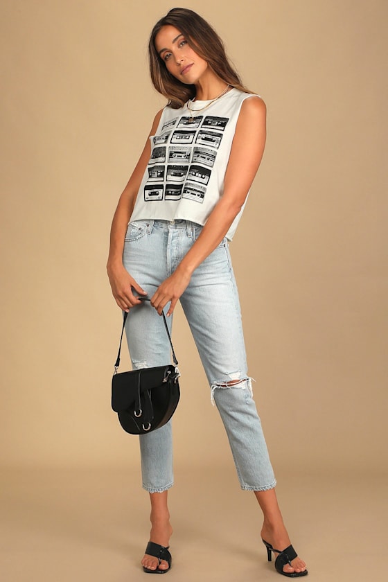 Cassette White Cropped Graphic Muscle Tank Top 7