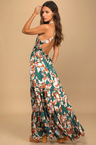 Heat Wave Babe Green Floral Print Tie-Back Tiered Maxi Dress