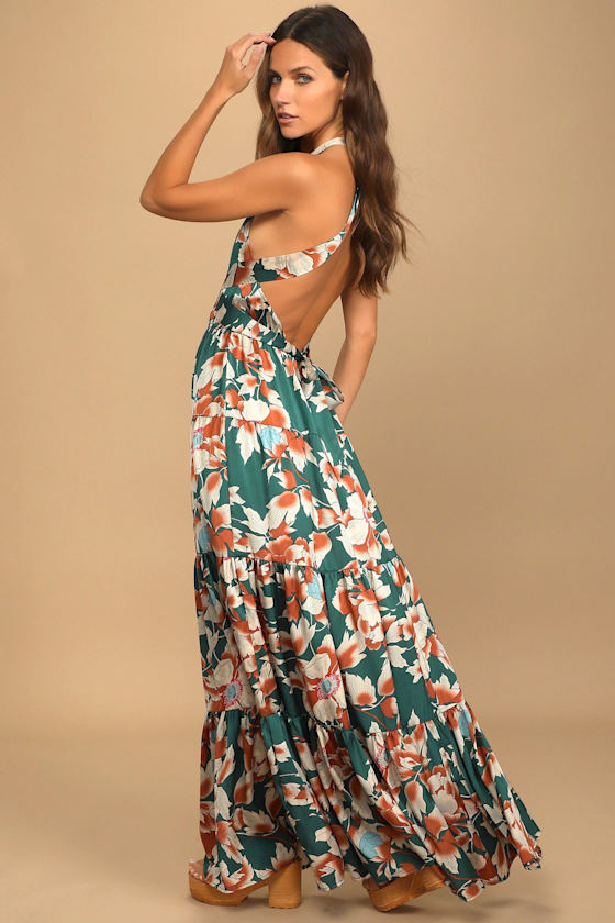 Heat Wave Babe Green Floral Print Tie-Back Tiered Maxi Dress 9