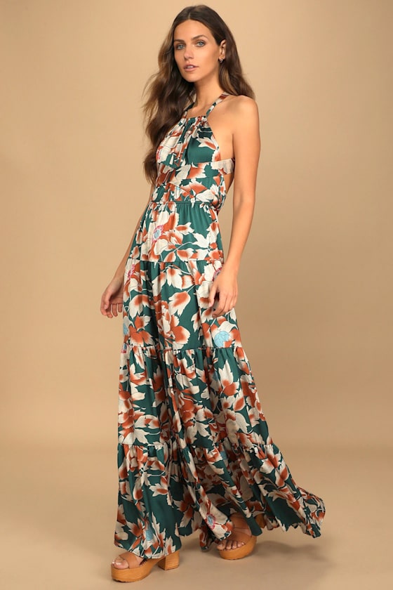 Heat Wave Babe Green Floral Print Tie-Back Tiered Maxi Dress 8