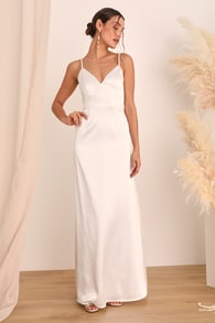Ready For Forever White Satin Pearl Tie-Back Maxi Dress