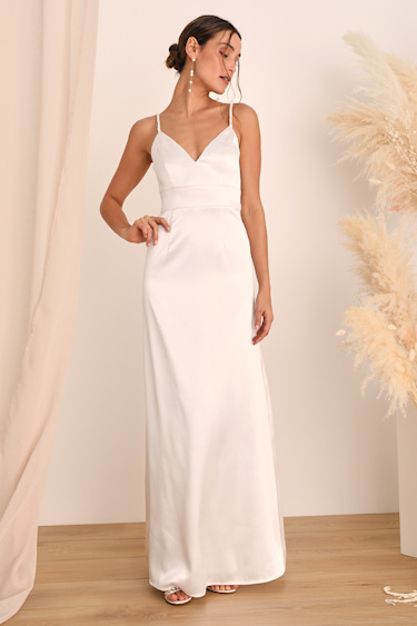White Satin Dress A-Line Maxi Dress Pearl Strap Dress Lulus