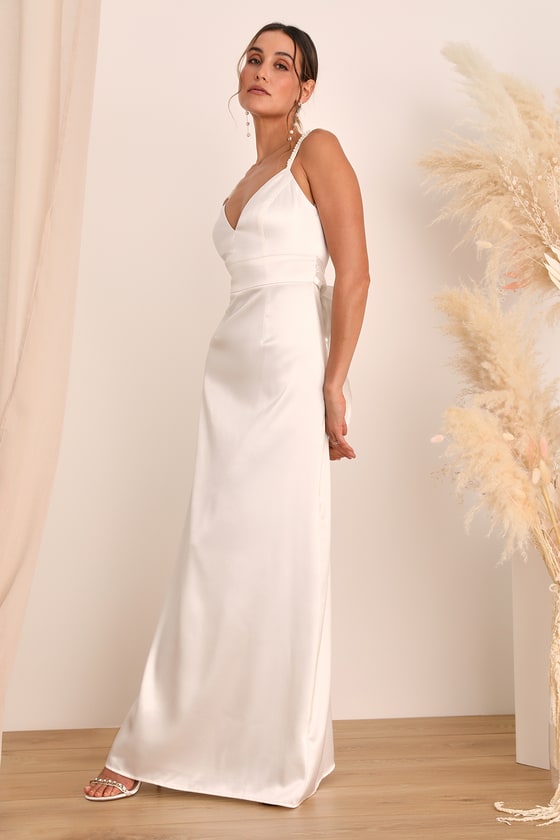White Satin Dress - A-Line Maxi Dress - Pearl Strap Dress - Lulus