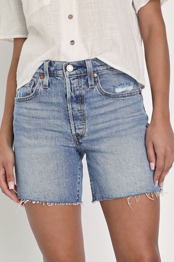501 Mid Thigh Medium Wash Cutoff Denim Shorts 3