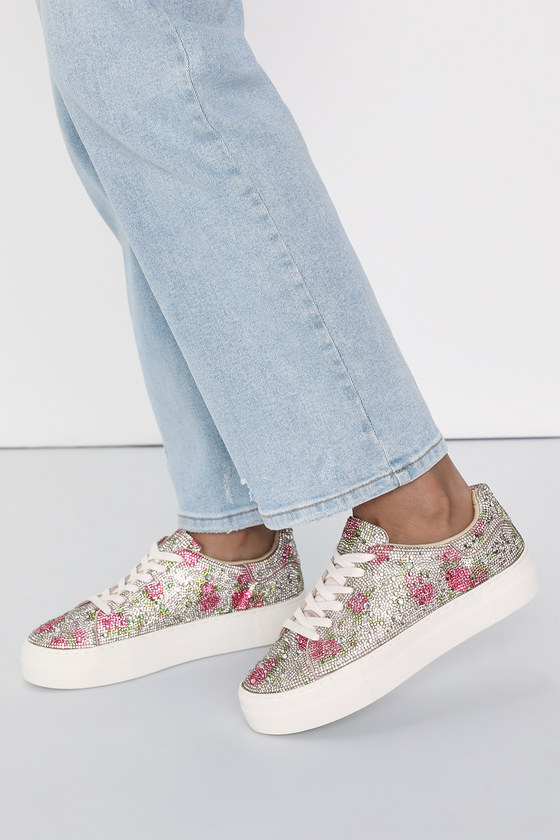 BETSEY JOHNSON SB-SIDNY SILVER FLORAL RHINESTONE PLATFORM SNEAKERS