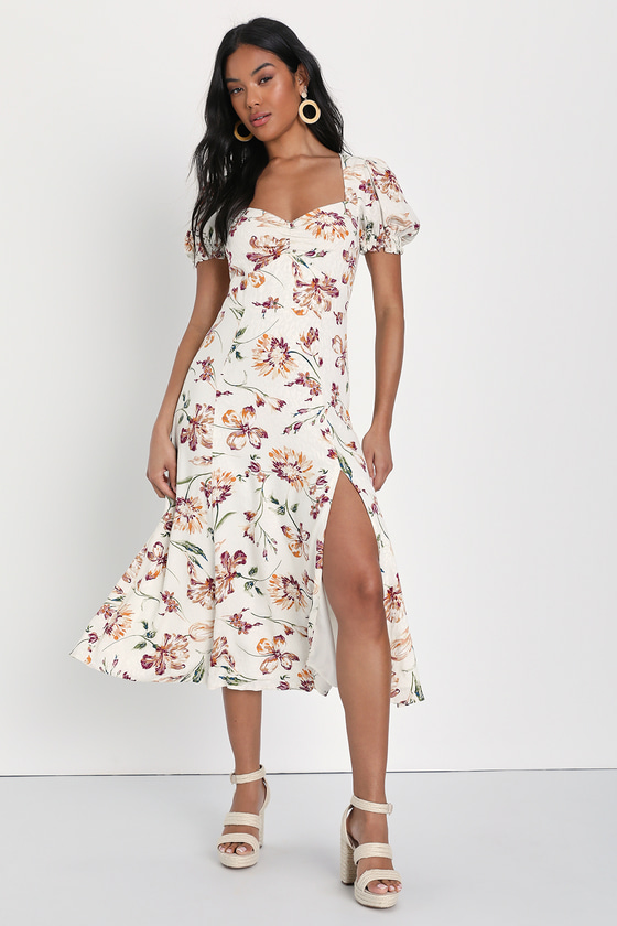 Cream Floral Midi - Puff Sleeve Floral Dress - Floral Midi Dress - Lulus