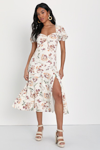 Parisian Picnic Cream Floral Jacquard Puff Sleeve Midi Dress 2