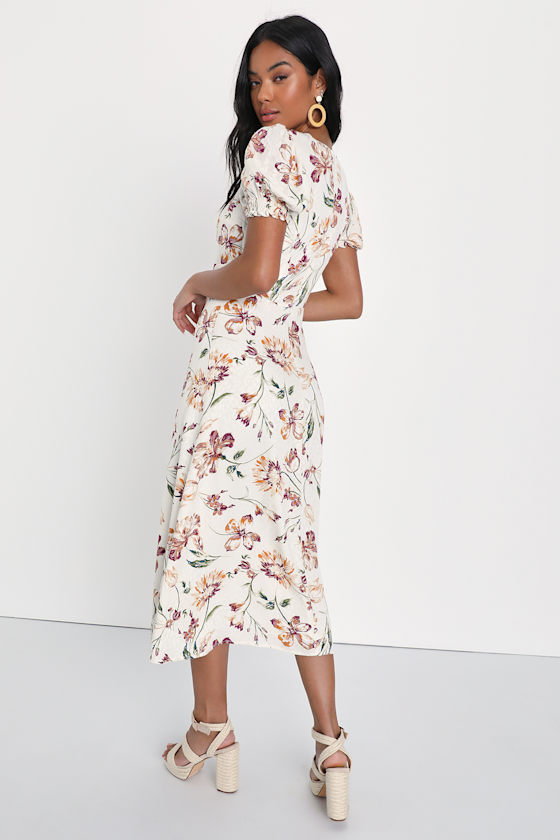 Parisian Picnic Cream Floral Jacquard Puff Sleeve Midi Dress
