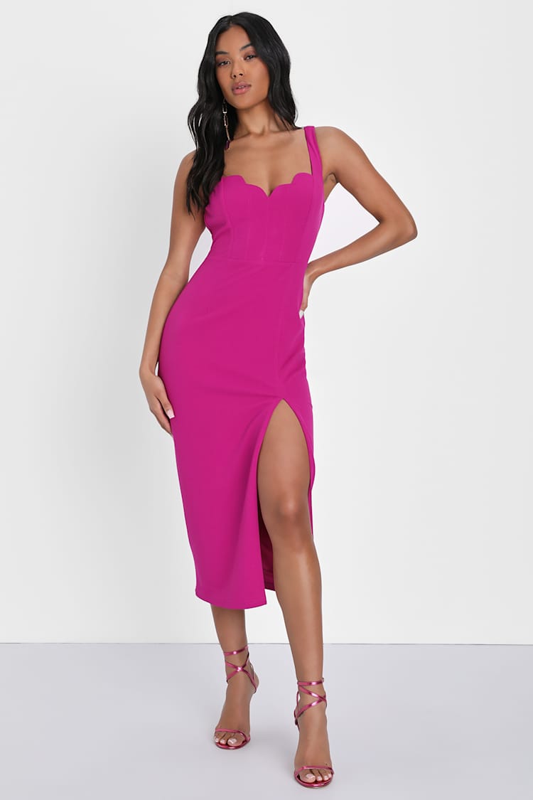 lilac purple bodycon dress Hot Pink Square Neck Ruched Midi Dress – PinkBlush main image 1