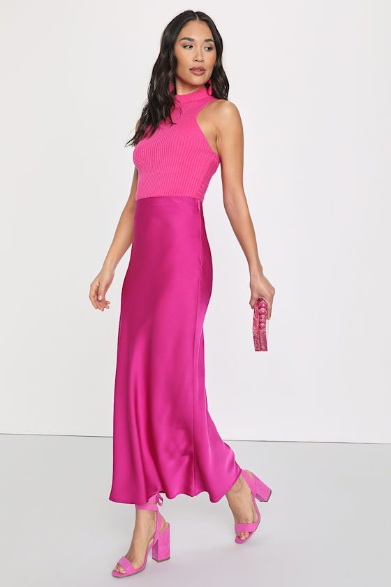Characteristically You Satin Skirt In Magenta