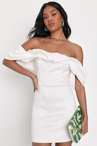 Fanciful Feat White Taffeta Off-the-Shoulder Bodycon Mini Dress 1