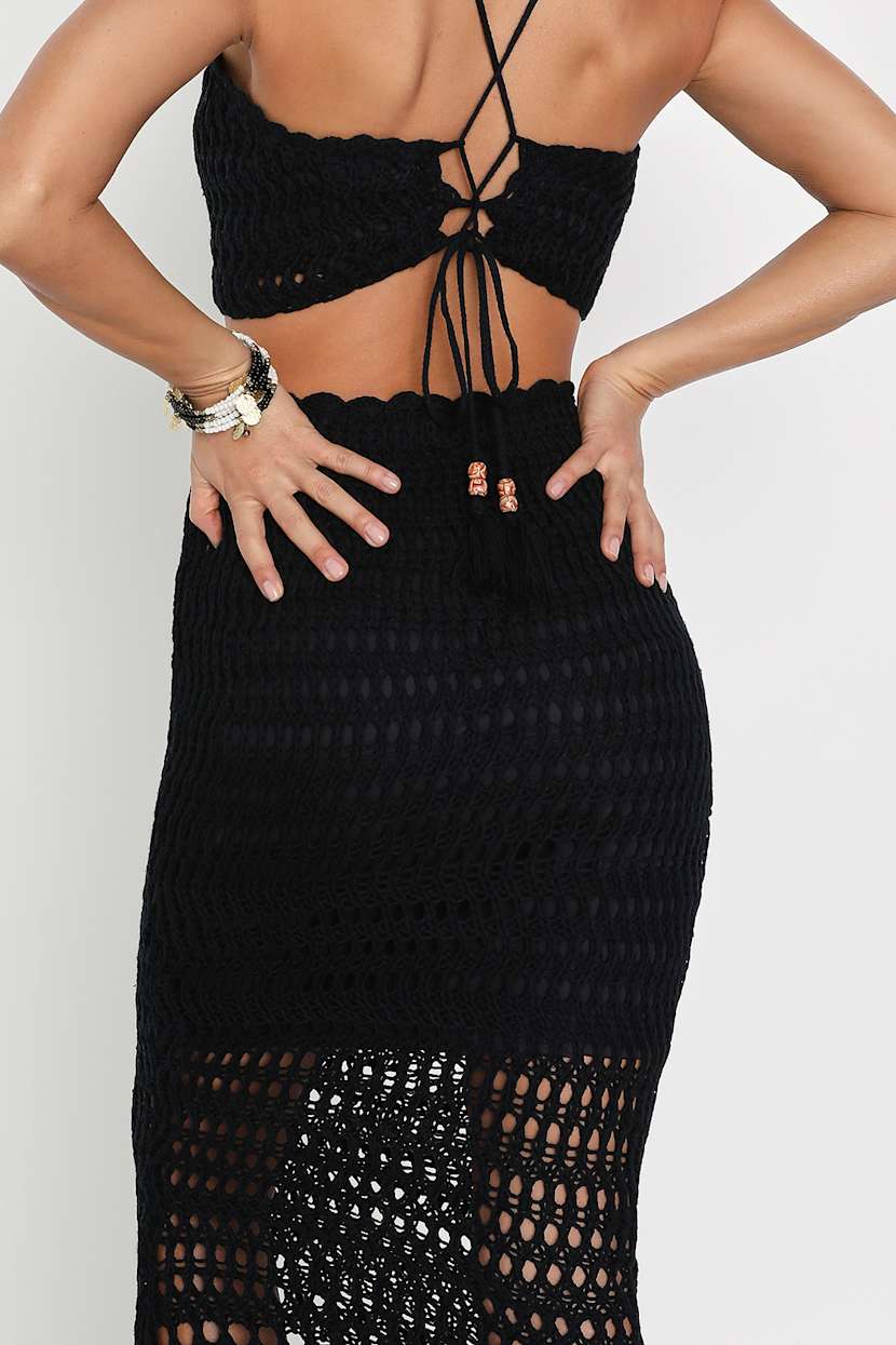 Black Crochet Dress - 2-Pc Crochet Midi Dress - Knit Beach Dress