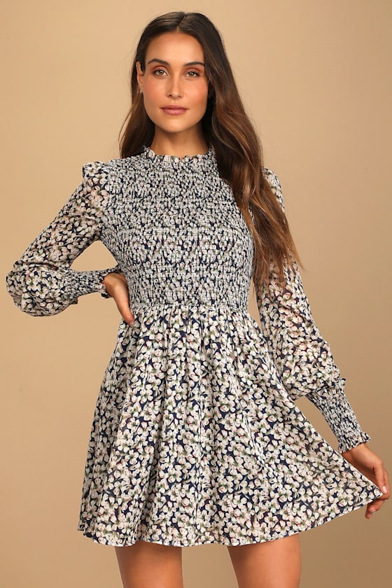 Navy Blue Dress - Floral Print Skater Dress - Smocked Dress - Lulus