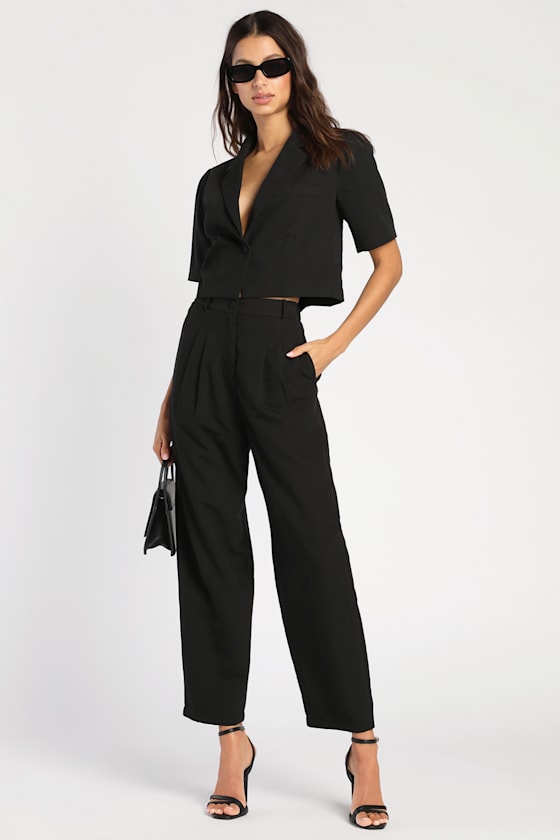 Posh Company Black Pleated High-Waisted Trouser Pants 1