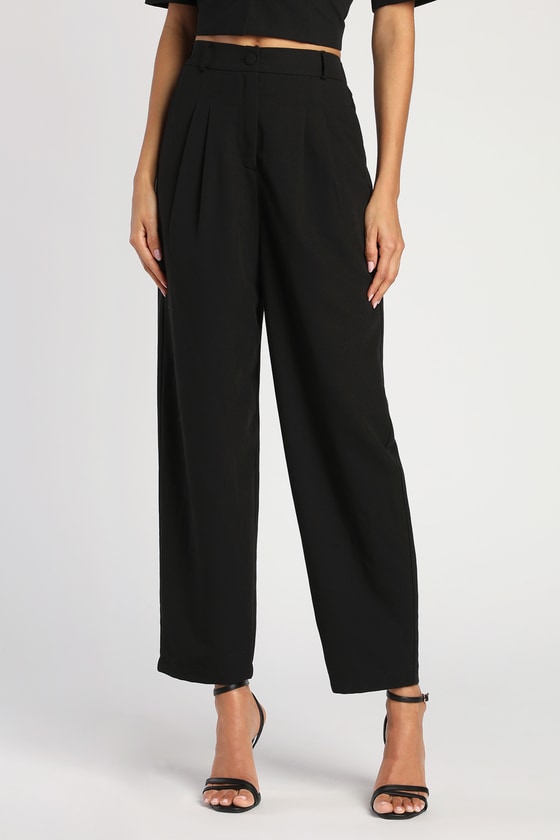 Stylish Black Pleated Straight Leg Women's Formal Pant