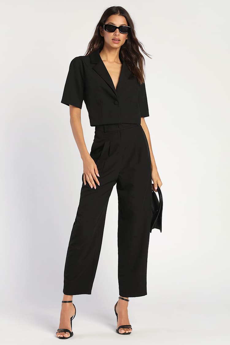 Black Short Sleeve Blazer Cropped Blazer Button-Up Blazer Lulus