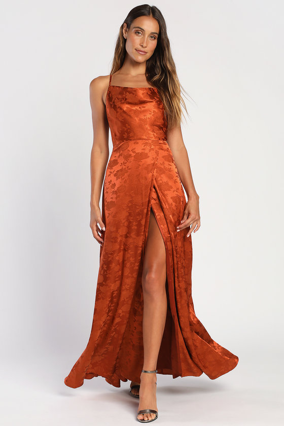 Long Burnt Orange Satin V Neck Slit Dress – Lisposa