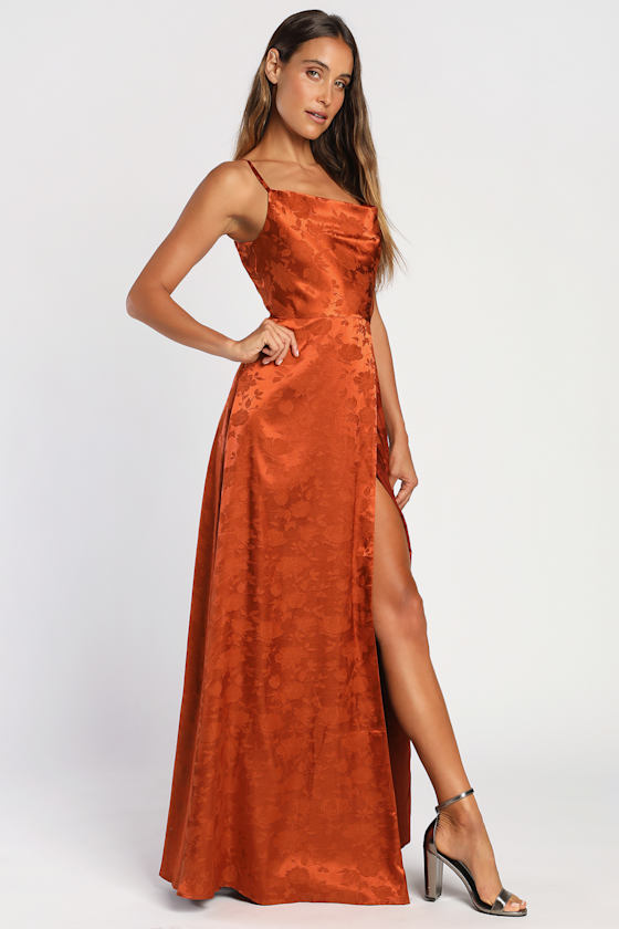 Rust Orange Maxi Dress - Satin Jacquard Dress - Cowl Neck Dress - Image 4