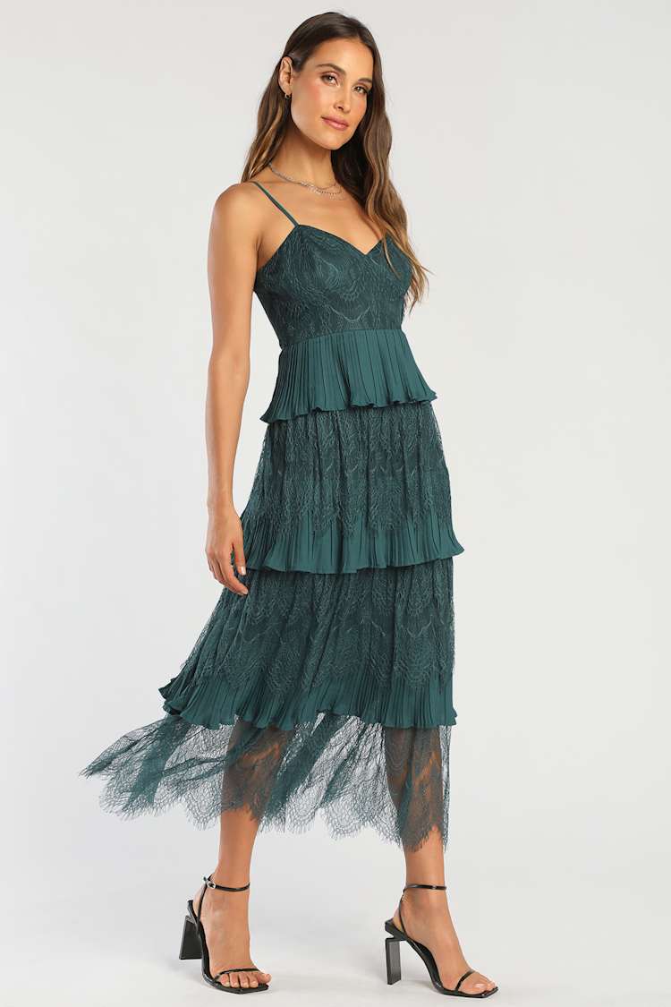 Emerald Green Midi Dress - Tiered Lace Dress - Midi Dress - Lulus