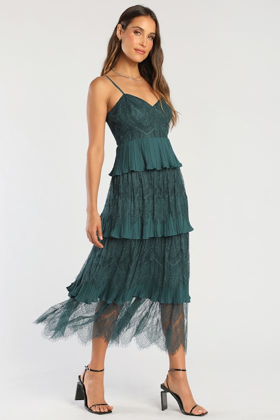Tier For The Romance Emerald Green Tiered Lace Midi Dress 8
