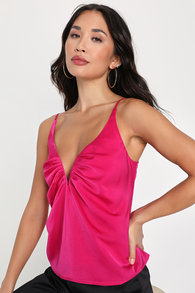 Elevated Style Fuchsia Satin Notched Pleated Cami Tank Top