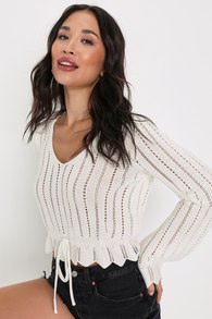 Casual Concept White Knit Drawstring Cropped Sweater Top
