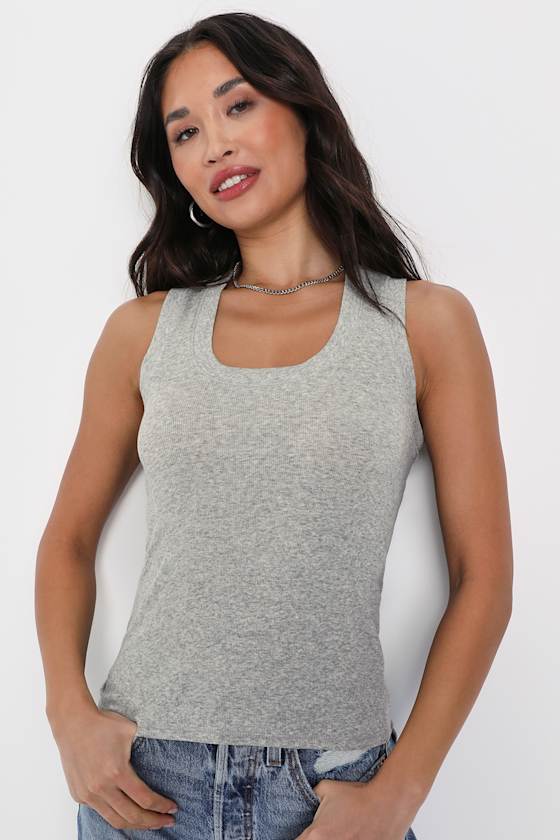 Free People U-Neck Tank - Grey Ribbed Tank Top - Sleeveless
