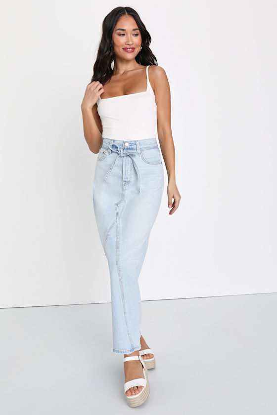 Icon Long Belted Light Wash Denim Maxi Skirt 1