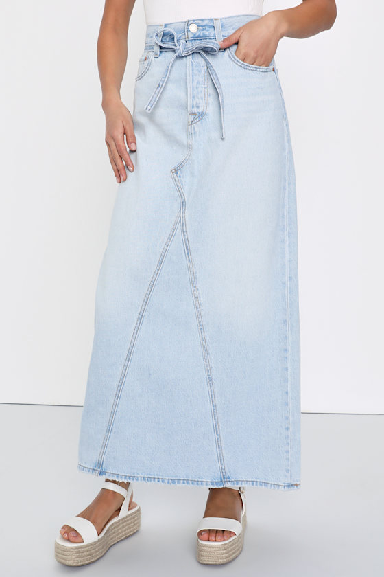 Icon Long Belted Light Wash Denim Maxi Skirt 2